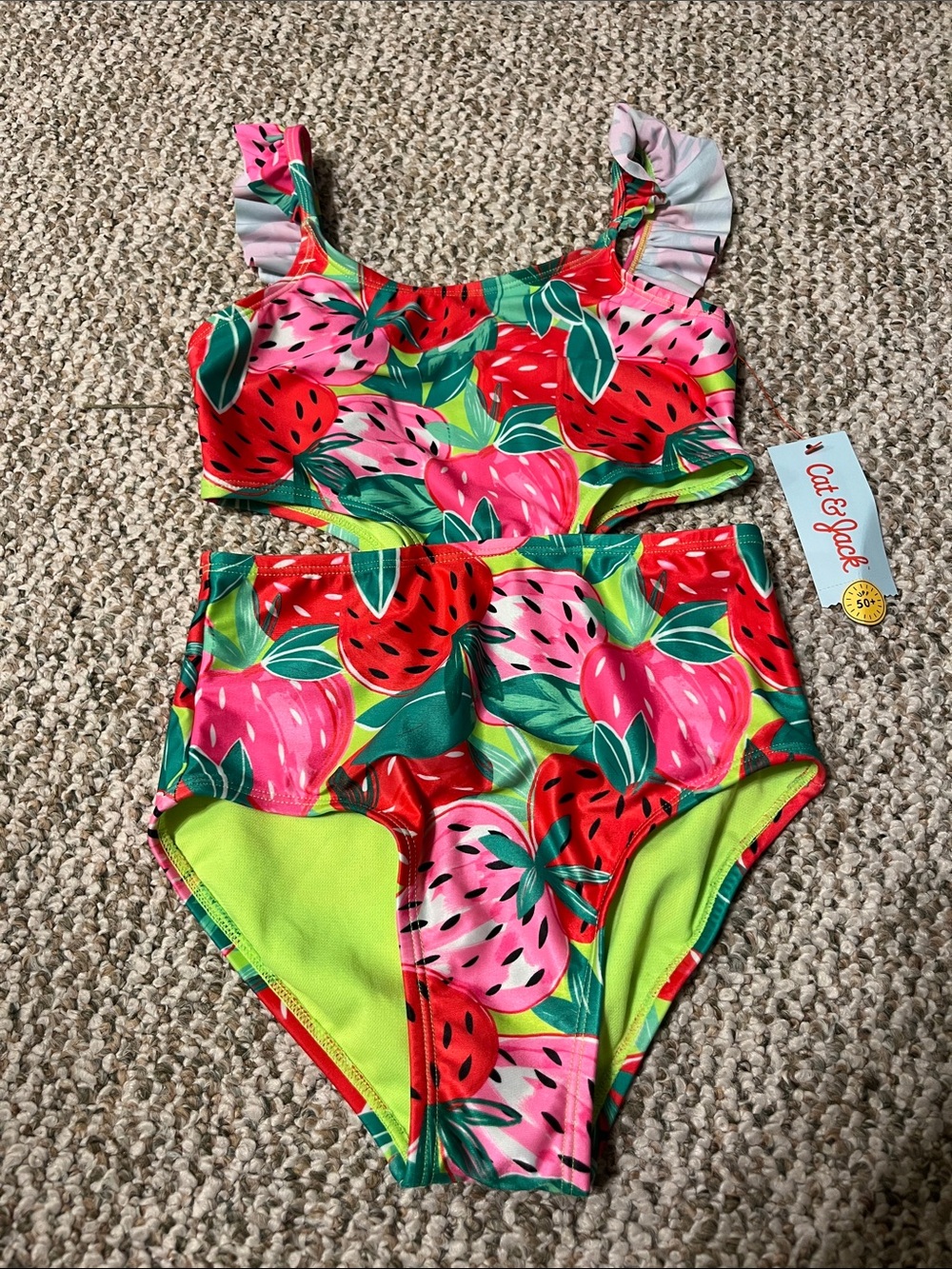 Cat & Jack size 8 Bright Pink and Green Strawberry Print Girls' Swim one piece